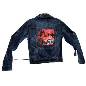 Blue Jean Denim Jacket Hand Painted Embellished Miami Cityscape Pocket Unique